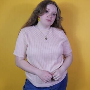 Pink Knit Short Sleeve Blouse, M